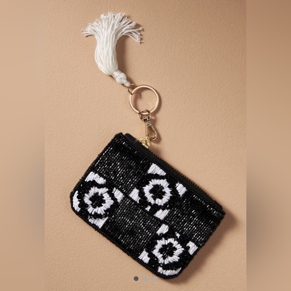 Anthropologie Beaded Floral Check Coin Purse, NWT